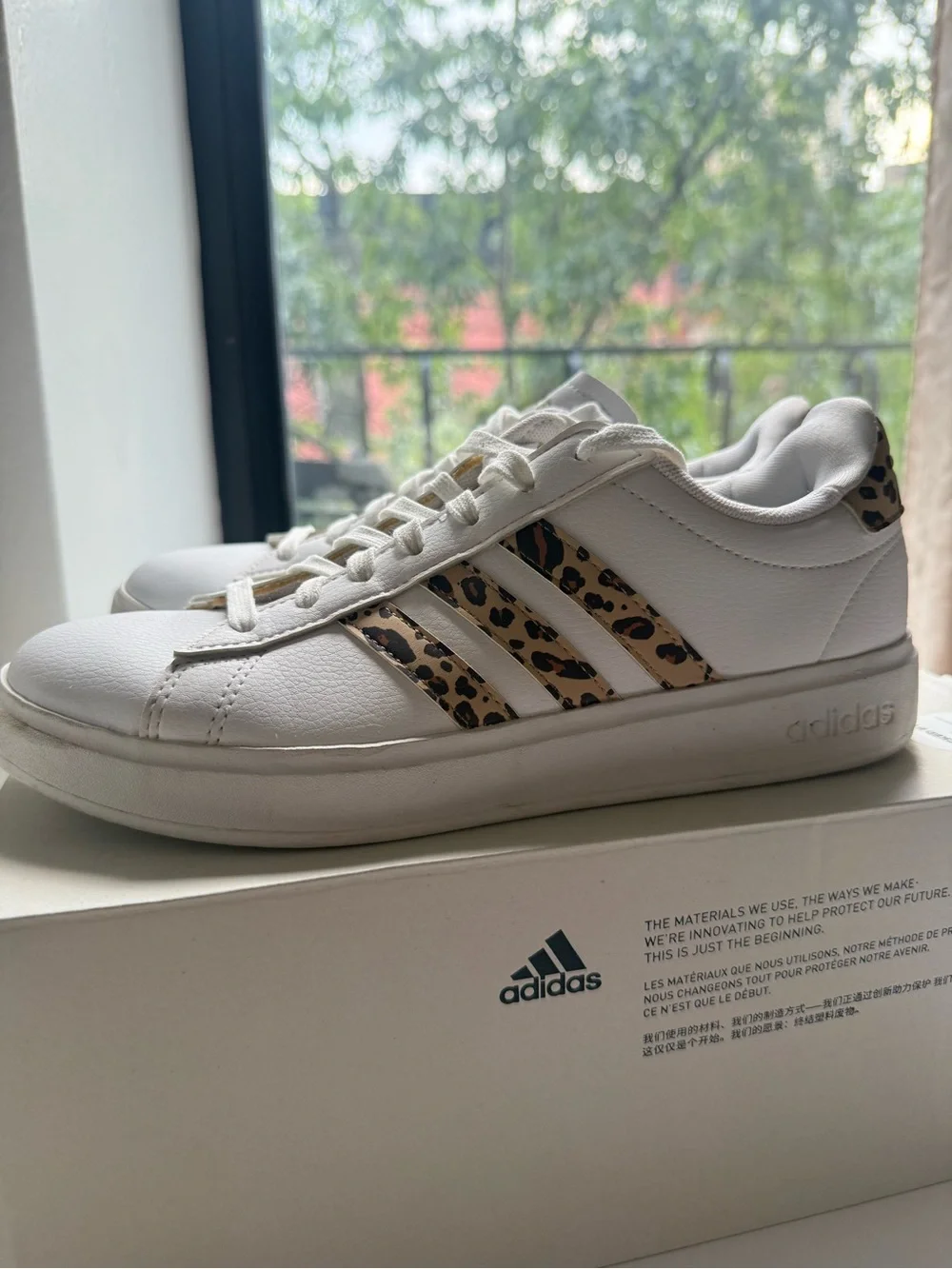 adidas White Sneakers with Leopard Stripe Trim